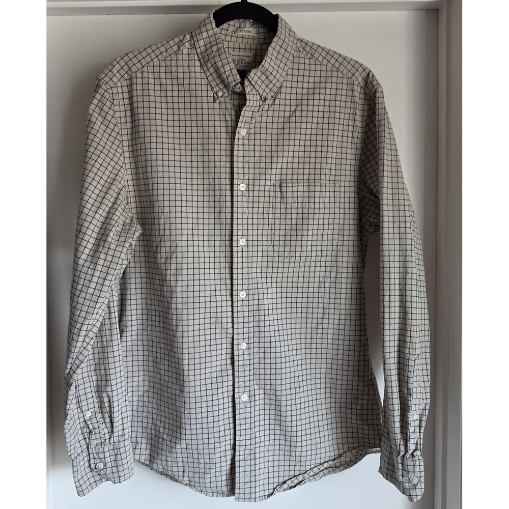 J.Crew Men M Plaid Check Button-Up Long Sleeve Shirt Beige Blue Black Top